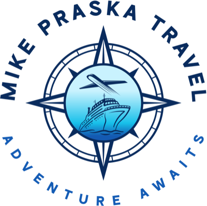 Mike Praska Travel logo: a compass rose with a plane and cruise ship, and the words Adventure Awaits
