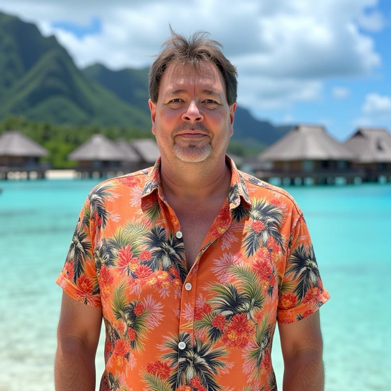 Mike Praska smiling, wearing an orange tropical-print shirt